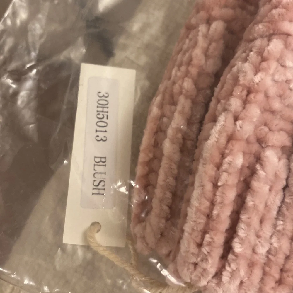Chenille Blush Pink Color Cable Knit Cozy Winter Hat with Pom Pom One Size